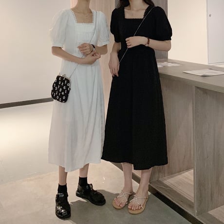 ワンピース スクエアネック 韓国ファッション レディース パフ袖 ロング丈 Aライン ハイウエスト 大人カジュアル 大人可愛い ガーリー (DTC-621926598654)