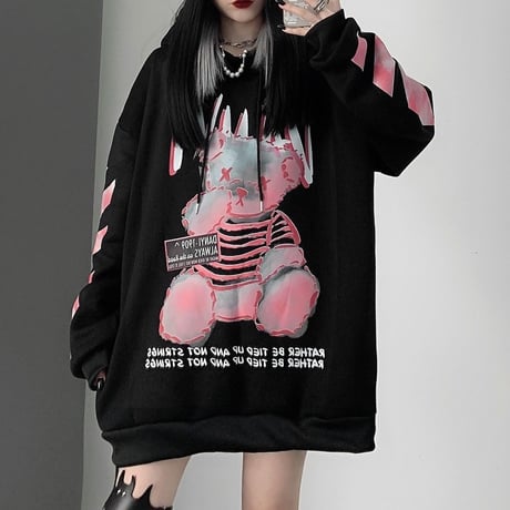 ユニセックス パーカー 裏起毛 クマちゃん 袖プリント バックプリント 長袖 オーバーサイズ 韓国ファッション メンズ レディース ルーズ カジュアル ストリート系 DTC-631029893418