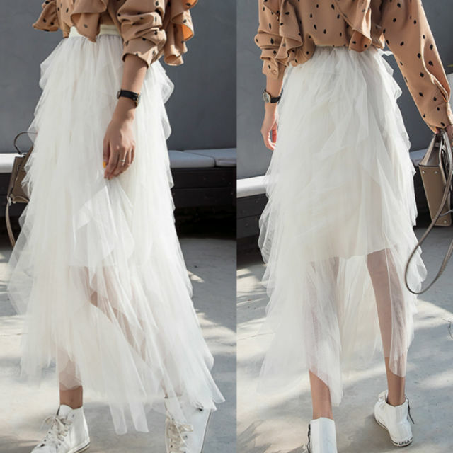 レディース プリーツ メッシュ スカート アシンメトリー