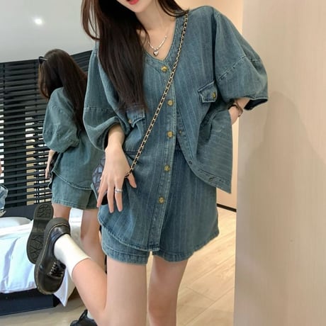 セットアップ デニム ノーカラージャケット ショートパンツ 半袖 ハイウエスト レトロ 韓国ファッション レディース 大人可愛い ガーリー カジュアル DTC-709104321762