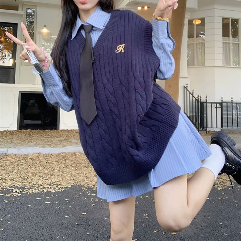 3点セット セットアップ ネクタイ付き ニットベスト シャツワンピース