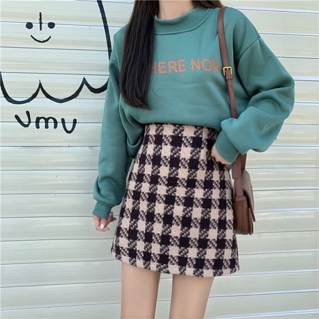 チェック柄 ウール混 タイトミニスカート 韓国ファッション レディース ミニスカート ハイウエスト 大人可愛い ガーリー DTC-630293926918