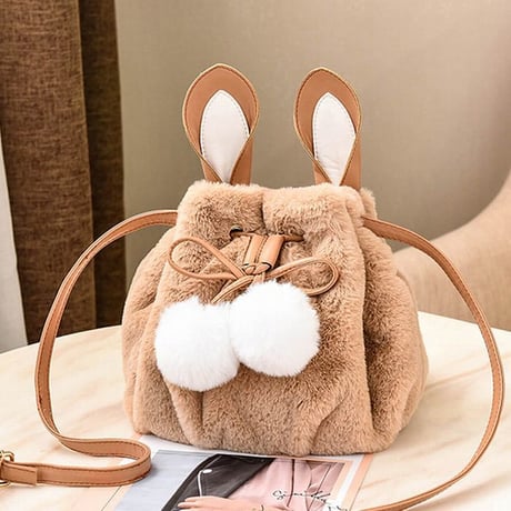 耳付き ファーバッグ ふわふわ もこもこ 巾着バッグ 肩掛け ショルダーバッグ ファーボンボン レディース バッグ (DCT-582166989683)