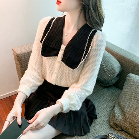 レースブラウス 大きい襟 配色 長袖 ブラウス レース ルーズ レトロ 韓国ファッション レディース 大人可愛い ガーリー フェミニン DTC-664823114520