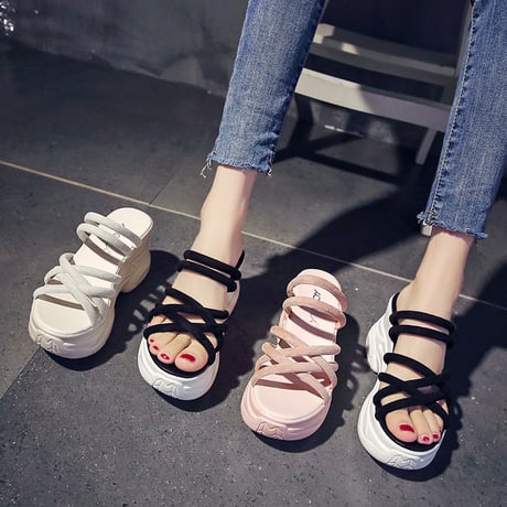 プラットフォーム 厚底サンダル クロスストラップ 22.5～24.5cm 9cmヒール オープントゥ 韓国ファッション レディース サンダル 厚底 トレンドDTC-636833029178)