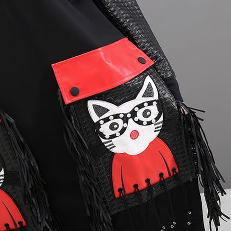 タッセル付き ワンピース 韓国ファッション レディース 大きなポケット ネコ 猫 長袖 膝丈 レトロ 秋 冬 (DTC-601271037757)