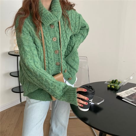 ニットカーディガン ケーブル編み ボタン 厚手 オーバーサイズ ニット 長袖 ゆったり レトロ 韓国ファッション レディース 大人可愛い ガーリー DTC-656866872682