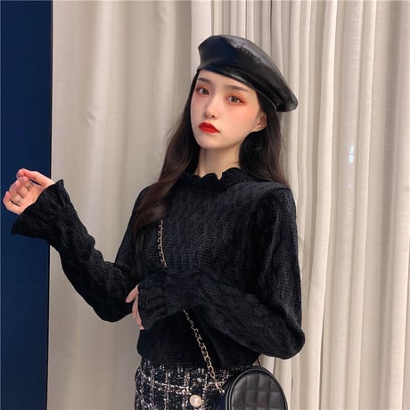 【トップス】 ハーフハイネック 長袖 ボトミングシャツ 韓国ファッション レディース アプリコット ブラック 大人可愛い かわいい ガーリー 630346324534