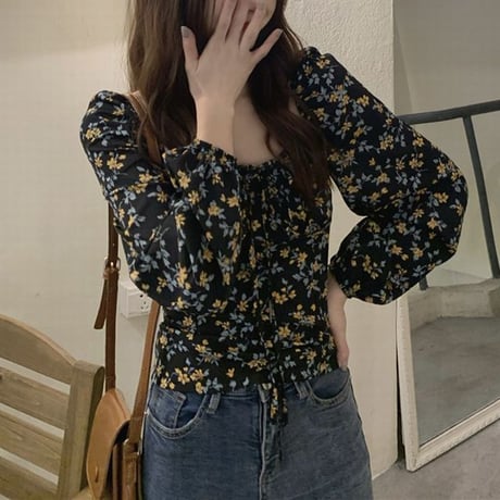 花柄 ブラウス スクエアネック リボン パフスリーブ シフォン トップス 長袖 レトロ 大人可愛い ガーリー フェミニン DTCA-705914116706