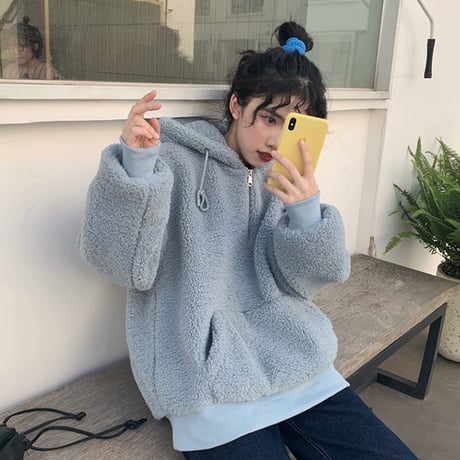 ボアパーカー ハーフジップ プルオーバー 韓国ファッション レディース ゆったり フード 体型カバー シンプル ホワイト ブルー 秋 冬 カジュアル 韓国 (DTC-605864650949)