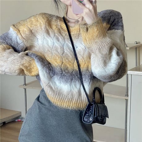 ニット セーター グラデーション ケーブル編み 厚手 長袖 ショート丈 カラフル レトロ 韓国ファッション レディース 大人可愛い ガーリー DTC-658029973431