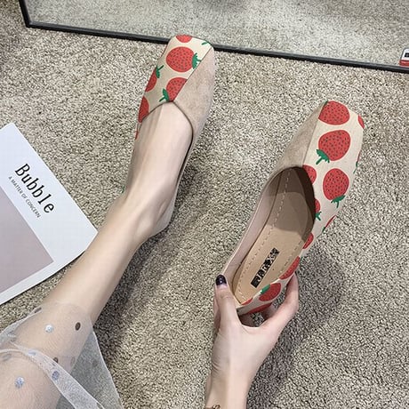 パンプス フルーツ柄 フラットシューズ ぺたんこ 韓国ファッション レディース シンプル フラットパンプス シューズ いちご柄 パイナップル柄 チェリー柄 かわいい 610995457990