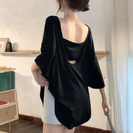 バックオープン Tシャツ 背中開き オーバーサイズ ドロップショルダー トップス ルーズ レトロ 韓国ファッション レディース 大人可愛い ガーリー DTC-810583573440