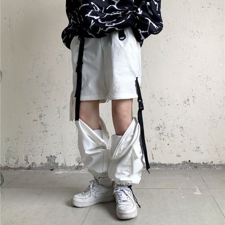 2WAY カーゴパンツ ワイドパンツ バックルベルト ストラップ ミリタリーパンツ アシンメトリー ウエストゴム 韓国ファッション レディース 大人可愛い ガーリー DTC-656242658198