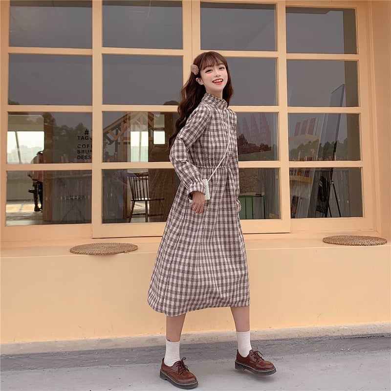 【送料込】レトロ ハイウエスト ミモレ丈 長袖 ワンピース チェック柄 ワンピース ミモレ丈 長袖 韓国ファッション