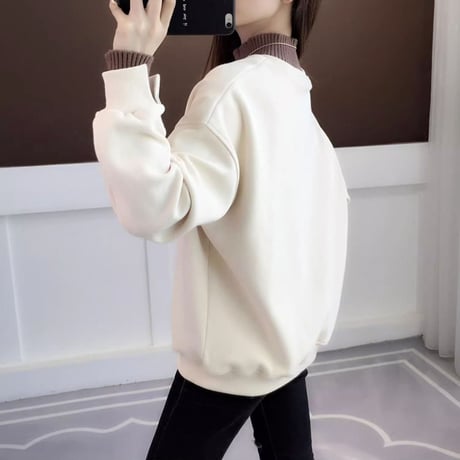 フェイクレイヤード ハーフタートルネック トレーナー プラスベルベット バイカラー 長袖 秋冬 レトロ 韓国ファッション レディース 大人可愛い ガーリー カジュアル DTC-741211280064