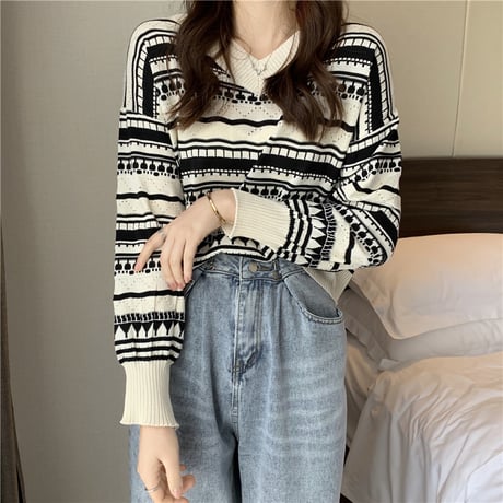 ニットセーター ジャカード Vネック ショート丈 長袖 ルーズ レトロ 韓国ファッション レディース 大人可愛い ガーリー DTC-658384210039