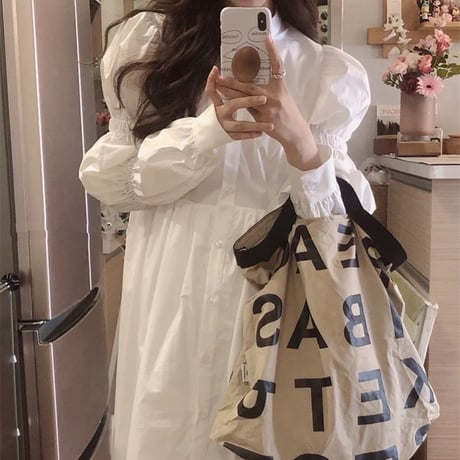 シャツワンピース ブラウスワンピース パフ袖 Aライン ウエストマーク ロング丈 長袖 ハイウエスト 大人可愛い ガーリー DTC-655003308597