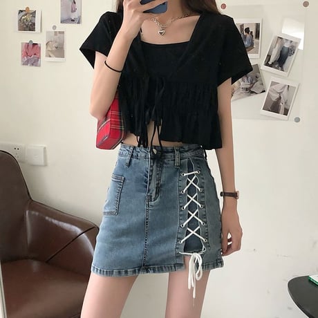 編込み デニムスカート ショートパンツ 韓国ファッション レディース スカパン インナーパンツ ハイウエスト ショート丈 Aライン ガーリー レトロ DTC-618967660120