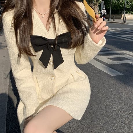 リボン ワンピース 襟付き ハイウエスト ショート丈 レトロ 韓国ファッション レディース 大人可愛い ガーリー フェミニン DTC-667685671429
