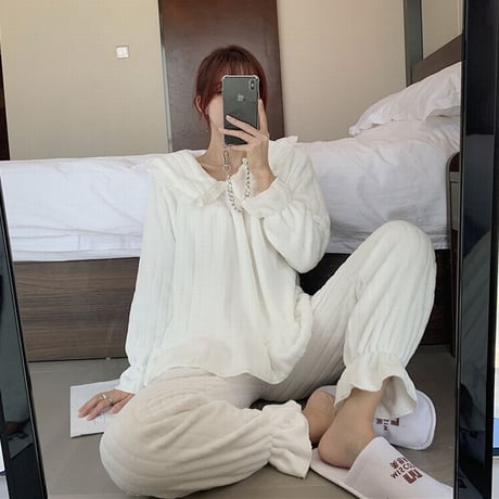 ルームウェア パジャマ セットアップ コーラルフリース トップス + パンツ 長袖 上下セット 韓国ファッション レディース ホワイト ブルー ガーリー 630856660553