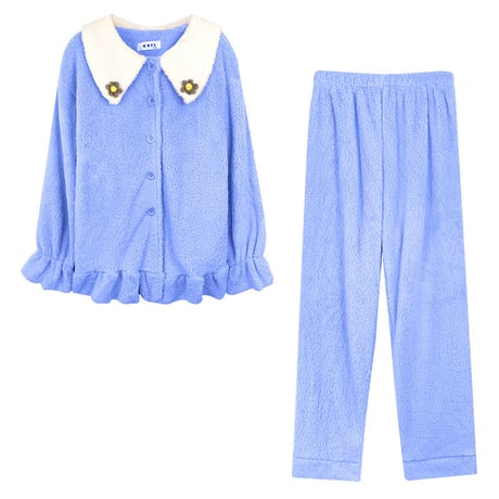 ルームウェア パジャマ セットアップ トップス + パンツ もこもこ 上下セット 長袖 厚手 韓国ファッション レディース フリース ガーリー レトロ 629614343345