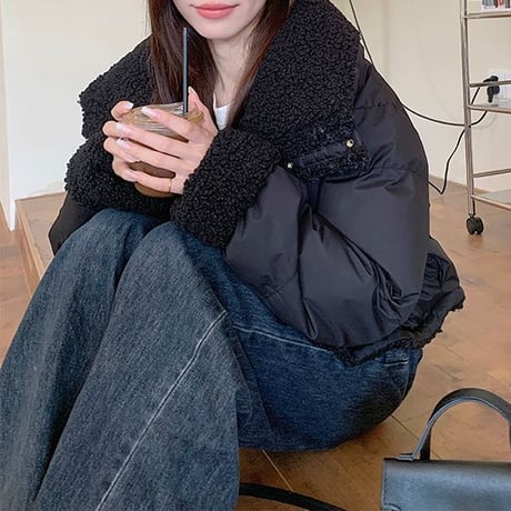 ブラック リバーシブル ブルゾン フェイクラムウール ショート丈 2way ボアブルゾン 防寒 長袖 レトロ 韓国ファッション レディース 大人可愛い ガーリー DTC-752712482016BK