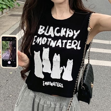 ノースリーブ トップス 猫プリント タンクトップ ショート丈 クルーネック レトロ 韓国ファッション レディース 大人可愛い ガーリー DTC-722252930833