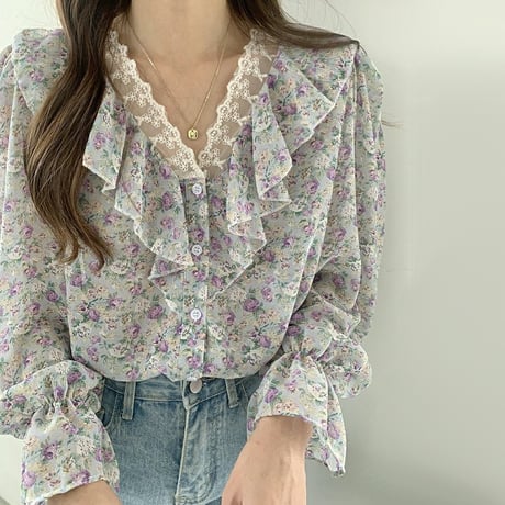 花柄 ブラウス レース フリル Vネック シフォン シャツ トップス ゆったり ルーズ 長袖 レトロ 大人可愛い ガーリー フェミニン DTCA-945596197065