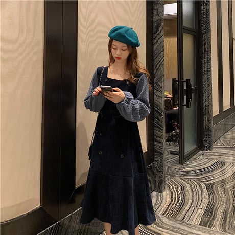 フェイクレイヤード ジャンパースカート 韓国ファッション レディース ハイウエスト パフ袖 ロングスカート 重ね着風 長袖 DTC-609838966122
