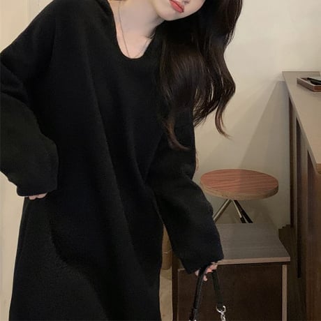 フード付き ニットワンピース ロングワンピース ルーズ ゆったり ルーズウエスト 長袖 レトロ 韓国ファッション レディース 大人可愛い ガーリー DTC-682629628231