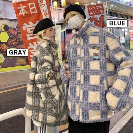 ユニセックス チェック柄 ボアジャケットもこもこ ラムウール ジップアップ 男女兼用 ショートコート ゆったり ボア カジュアル ストリート系 DTC-634195642983