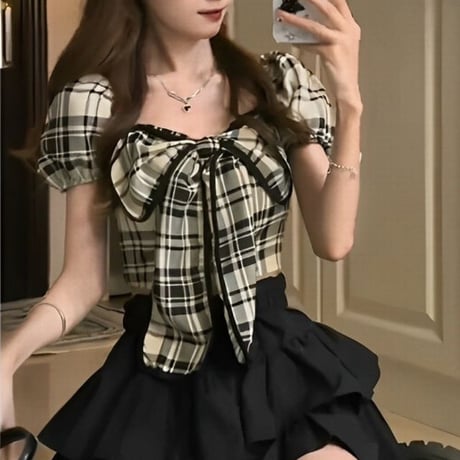 チェック柄 ブラウス ビッグリボン パフスリーブ トップス クロップド丈 ショート丈 シンプル 半袖 レトロ 大人可愛い ガーリー フェミニン DTCA-772932598100