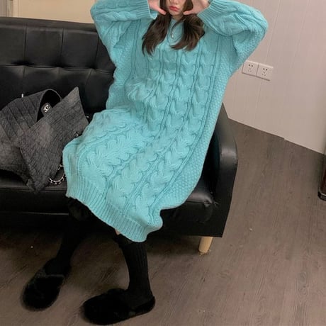 ケーブル編み ニットワンピース ロング丈 ニット 長袖 ゆったり クルーネック ルーズウエスト 韓国ファッション レディース カジュアル 大人可愛い ガーリー DTC-665138187843