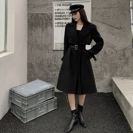 ツーピース ロングコート ＋ ベスト ベルト付き ウール ロング丈 韓国ファッション レディース コート アウター 大人可愛い フォーマル ガーリー DTC-630171040843