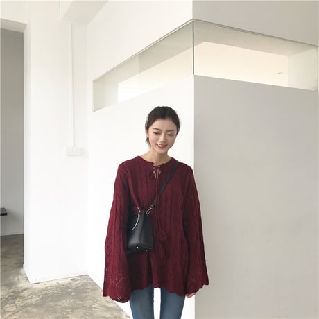 スカラップ キーネック ルーズ トップス チュニック 長袖 ベルスリーブ 大人カジュアル 春 秋 レディース 韓国 韓国ファッション (DTC-556986245779)