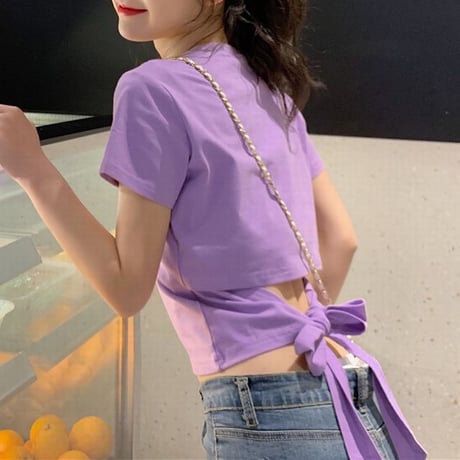 バックリボン tシャツ バックレス ウエスト見せ ショート丈 クルーネック 半袖 トップス レトロ 大人可愛い ガーリー カジュアル DTCA-732666685652
