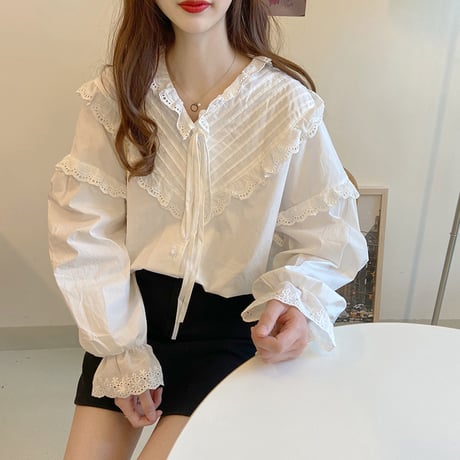 ブラウス リボン フリル パフ袖 Vネック 長袖 韓国ファッション レディース 大人可愛い ガーリー フェミニン DTC-640526555584