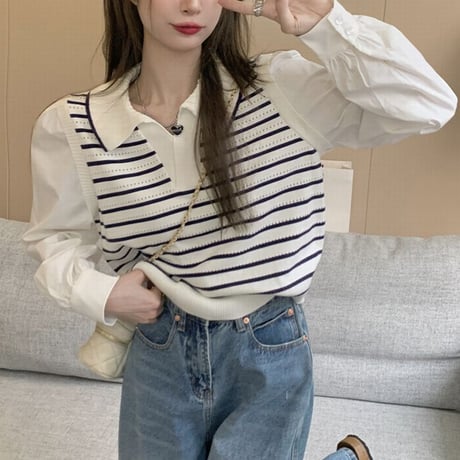 ドッキングトップス ボーダー柄 ニットベスト ブラウス フェイクレイヤード ショート丈 重ね着風 長袖 レトロ 韓国ファッション レディース 大人可愛い ガーリー DTC-679215300569