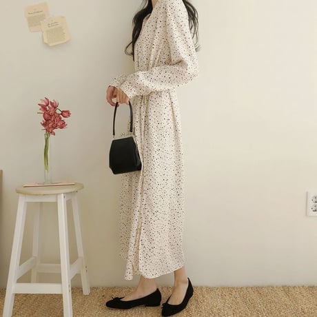 レディース ドット柄 カシュクールワンピース 春 レトロ 長袖 Vネック シャツワンピース 韓国ファッション オルチャン (DCT-584482879562)