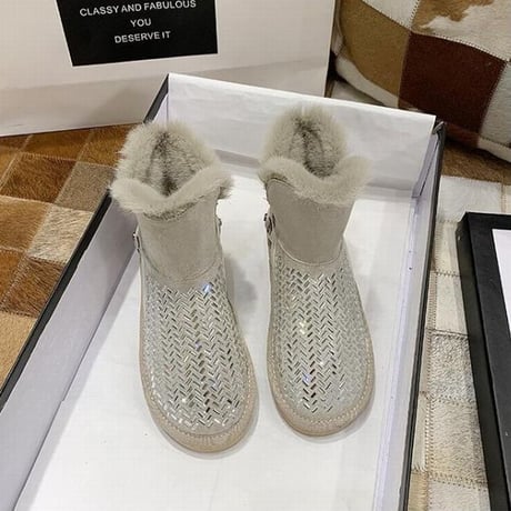 ムートンブーツ ファーブーツ ラインストーン 22.5～25.0cm 韓国ファッション レディース ファー ショートブーツ もこもこ 防寒 防水 カジュアル ガーリー 630731841770