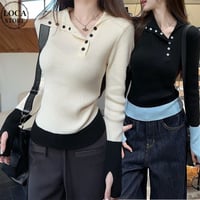 リブニット 配色 カフス バイカラー ニット トップス スリムフィット ニットソー 長袖 レトロ 大人可愛い ガーリー カジュアル DTCA-867144551057