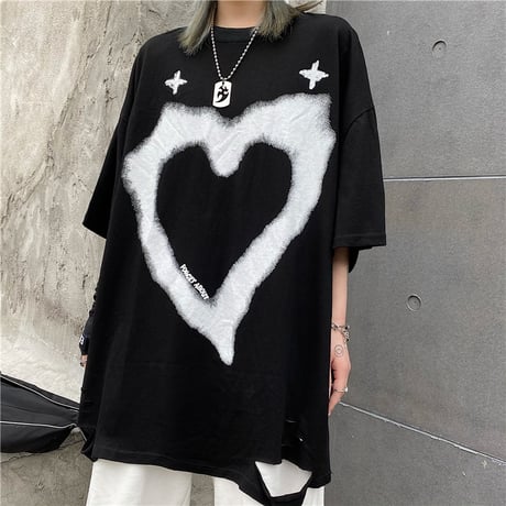 ユニセックス ダメージ加工 Tシャツ ハート クロス 半袖 オーバーサイズ 韓国ストリート系 韓国ファッション メンズ レディース カジュアル ストリートファッション DTC-643334954197