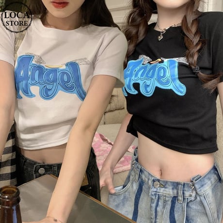 【2カラー】 Tシャツ 半袖 クロップド丈 天使の羽 Angel 大人可愛い ガーリー 韓国ファッション レディース カジュアル 韓国ストリートファッション DTC-666640912310