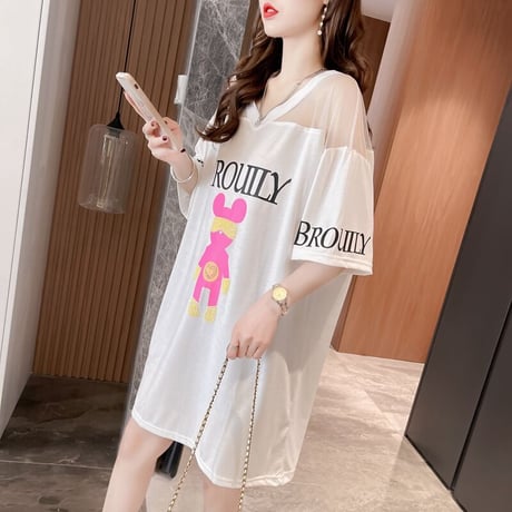 シアー Tシャツ 切り替え シースルー Vネック オーバーサイズ ゆったり 半袖 レトロ 韓国ファッション レディース 大人可愛い ガーリー カジュアル DTC-649581818312