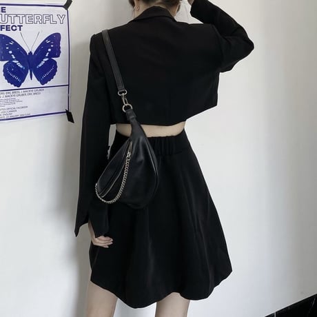 スーツワンピース オープンバッグ 背中開き 背中見せ ワンピース ハイウエスト 長袖 レトロ 韓国ファッション レディース 大人可愛い ガーリー ゴシック DTC-650160435855