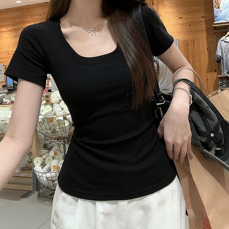 6COLOR Tシャツ 半袖 Uネック スリムフィット ショート丈 トップス レトロ 韓国ファッション レディース 大人可愛い ガーリー DTC-792036557105