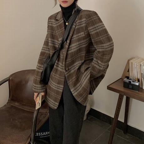 チェック柄 ウールジャケット シングルブレスト 長袖 ルーズ 韓国ファッション レディース ジャケット 大人可愛い ガーリー レトロ DTC-654505471003