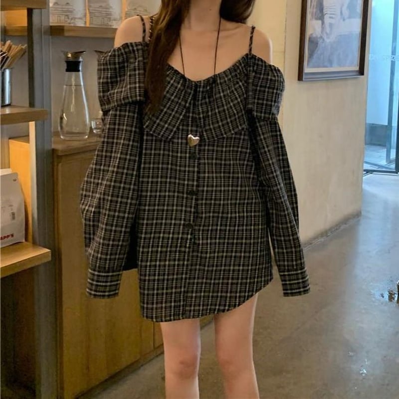 anuans チェック柄オフショルダートップス チェック柄 オフショルダー シャツ ブラウス 長袖 フロントボタン 肩