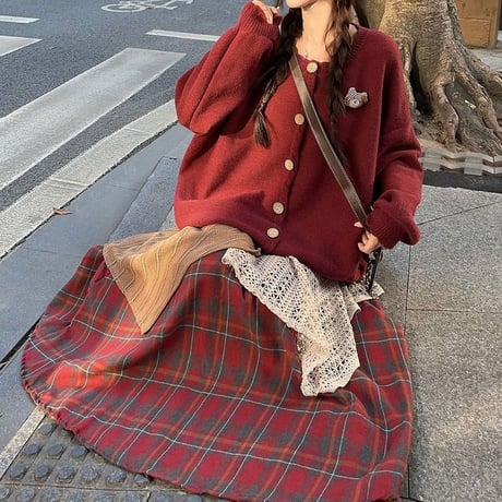セットアップ カーディガン クマちゃん ロングスカート 不規則 チェックスカート ルーズ 長袖 レトロ 韓国ファッション レディース 大人可愛い ガーリー DTC-838778934919